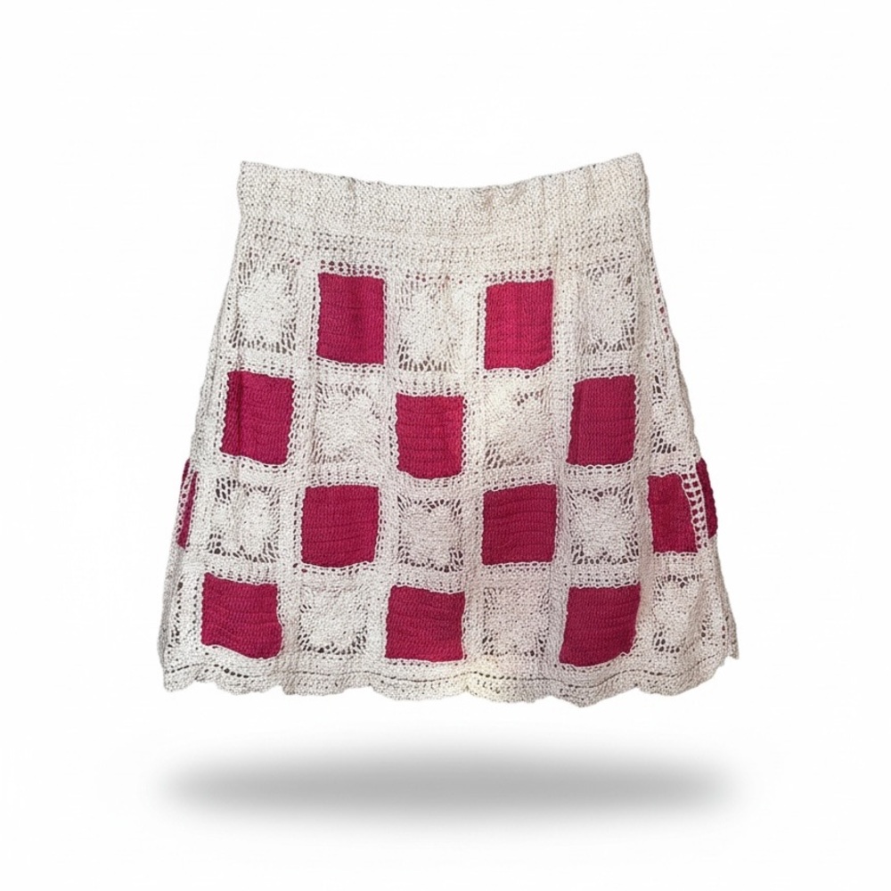 Pink and White Crochet mini Skirt size small medium bohemian preppy Y2K